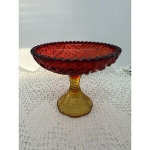 Vntg Kemple Amberina Glass Pedestal Bowl Ruby Red to Amber Scalloped Centerpiece
